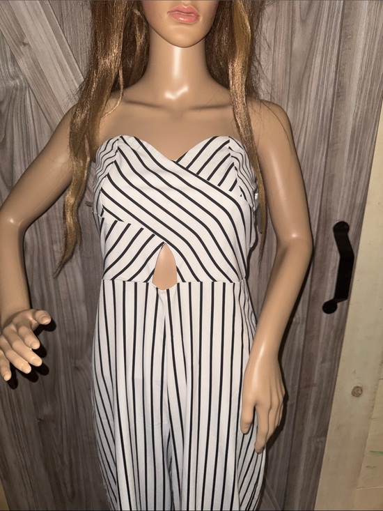 Pants - Striped Strapless Jumpsuit with Front Keyhole